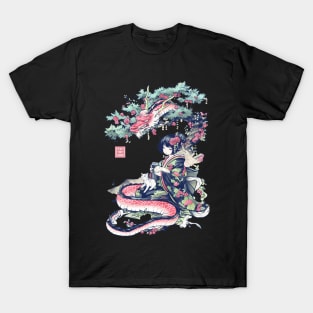 Japanese Girl With Dragon and Cats T-Shirt 06 T-Shirt